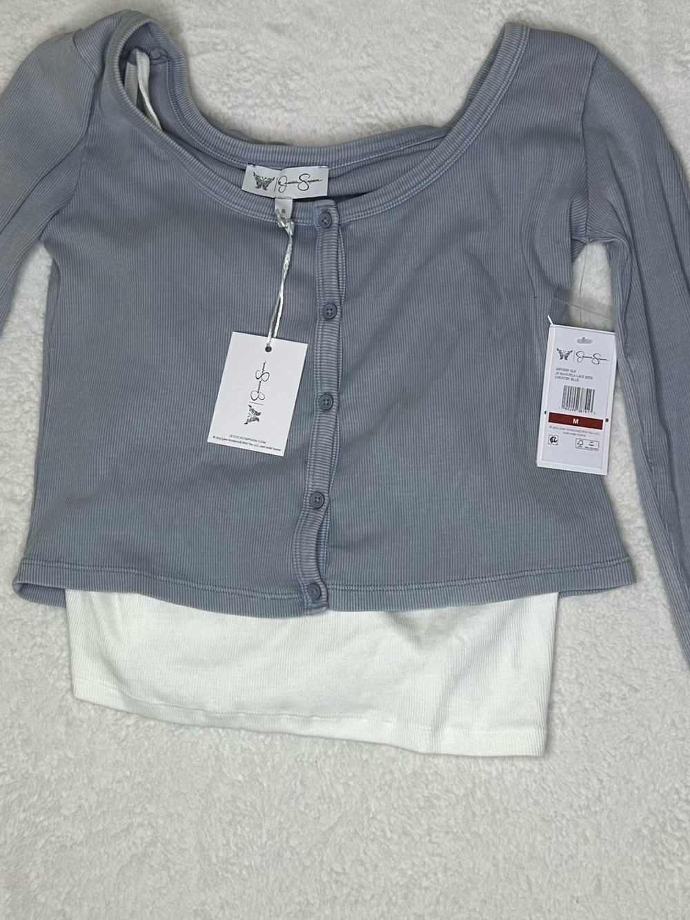 Jessica Simpson Women’s M 8-10 Blue Gray Ribbed Cropped Button Front Cardigan